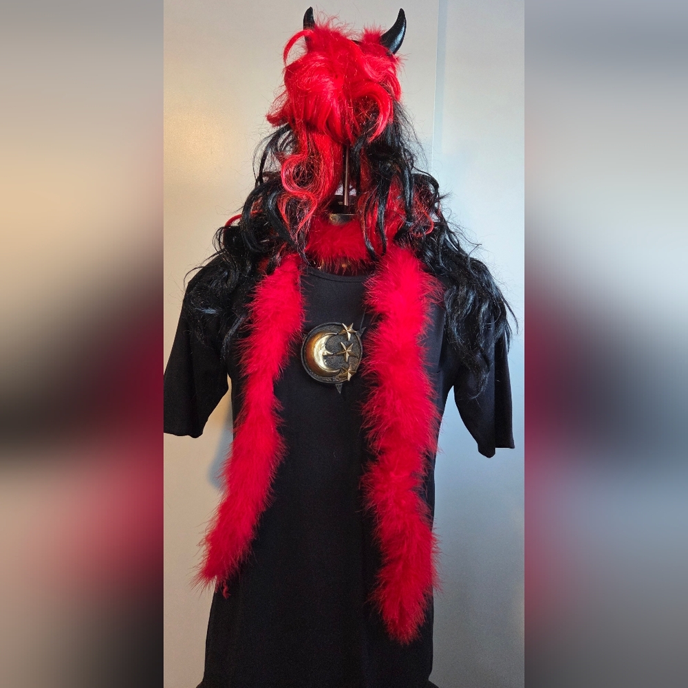Red and Black Devil Costume 4 Pieces Wig, Horn Headband, Red Boa, Moon Necklace